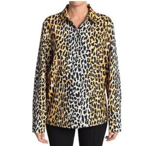 St John Collection Satin Back Leopard Print‎ Black Gold Shirt Blouse Top Size M